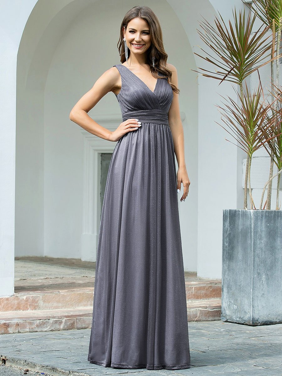 Double V Neck Floor Length Sparkly Evening Dresses for Party - Metallic Silver