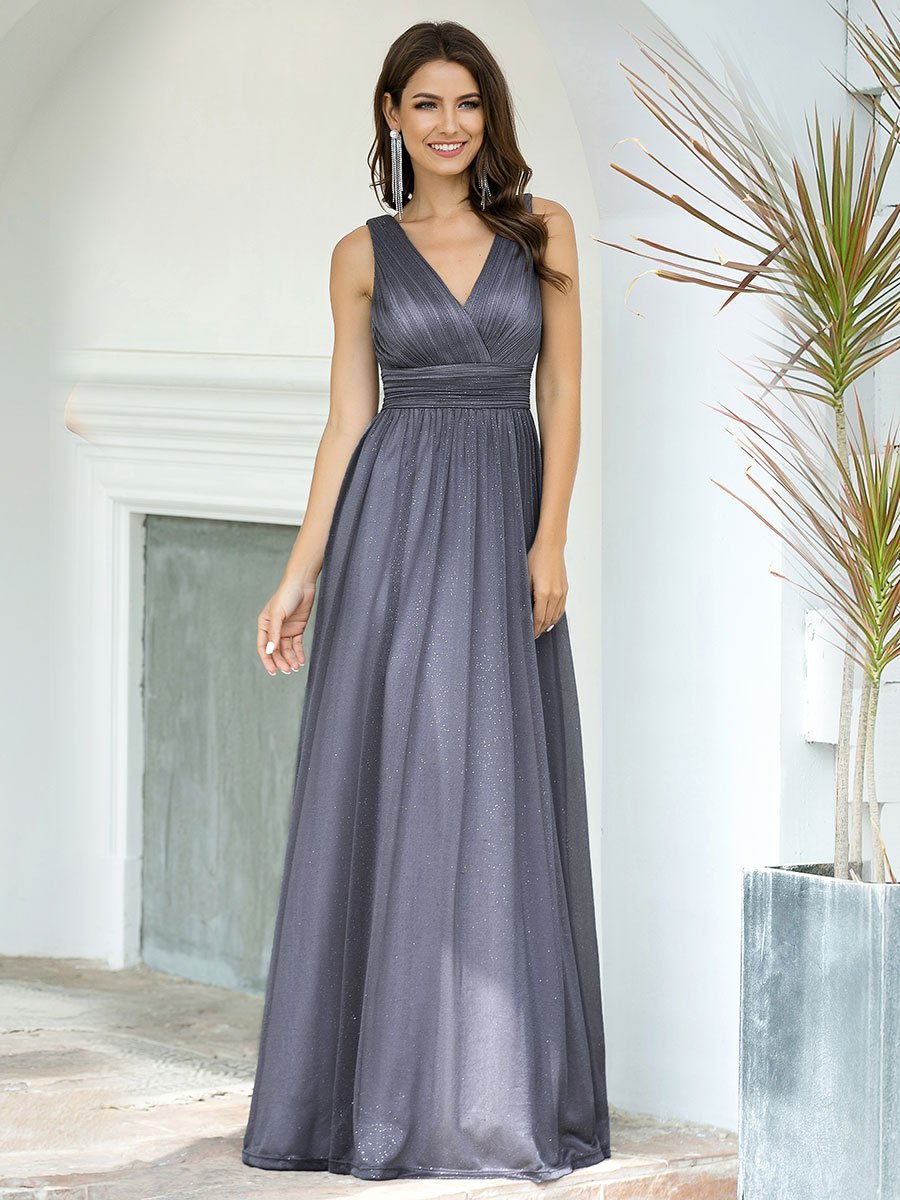 Double V Neck Floor Length Sparkly Evening Dresses for Party - Metallic Silver