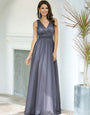 Double V Neck Floor Length Sparkly Evening Dresses for Party - Metallic Silver