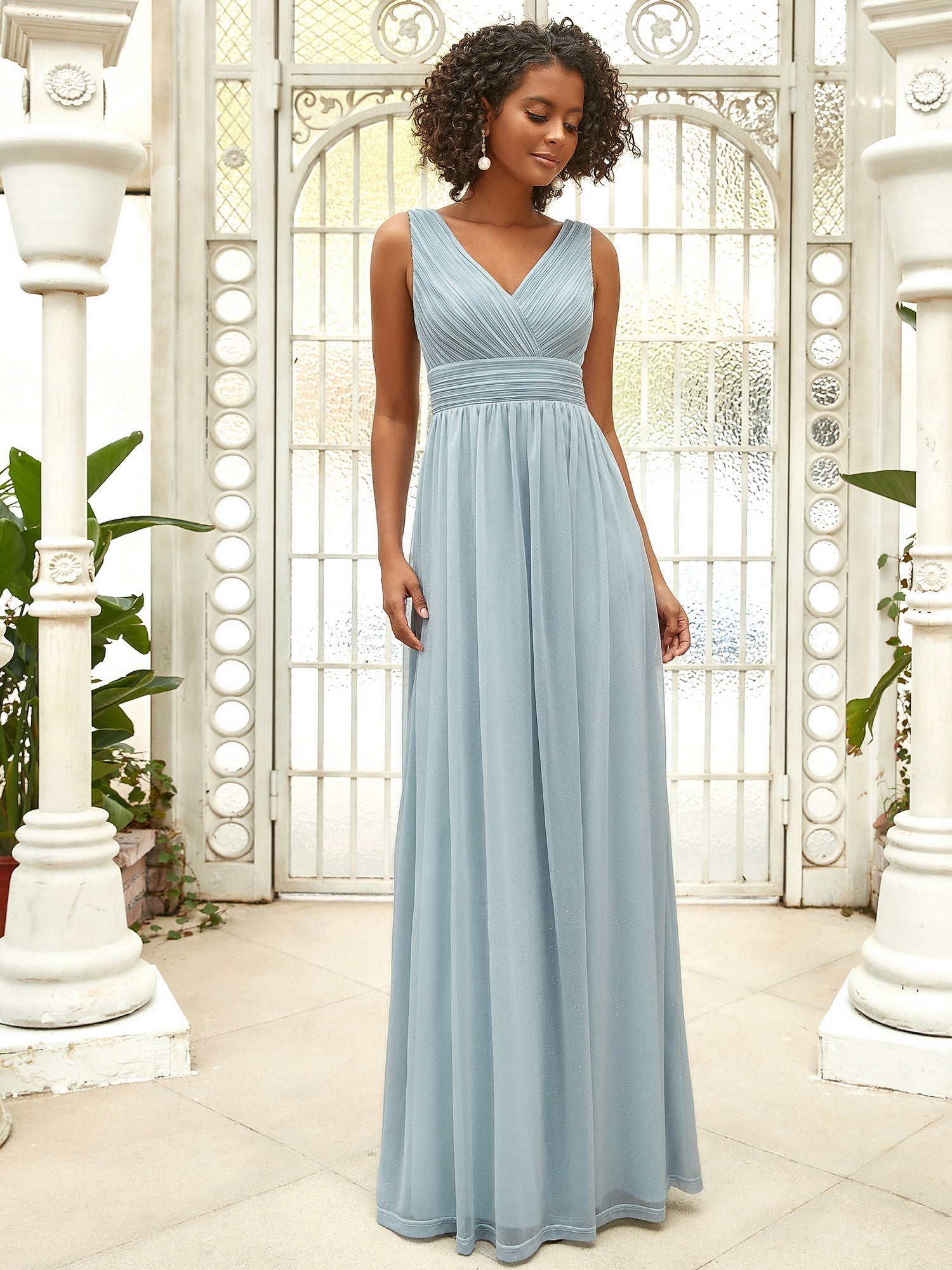 Double V Neck Floor Length Sparkly Evening Dresses for Party - Dull Sky