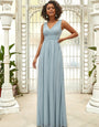 Double V Neck Floor Length Sparkly Evening Dresses for Party - Dull Sky