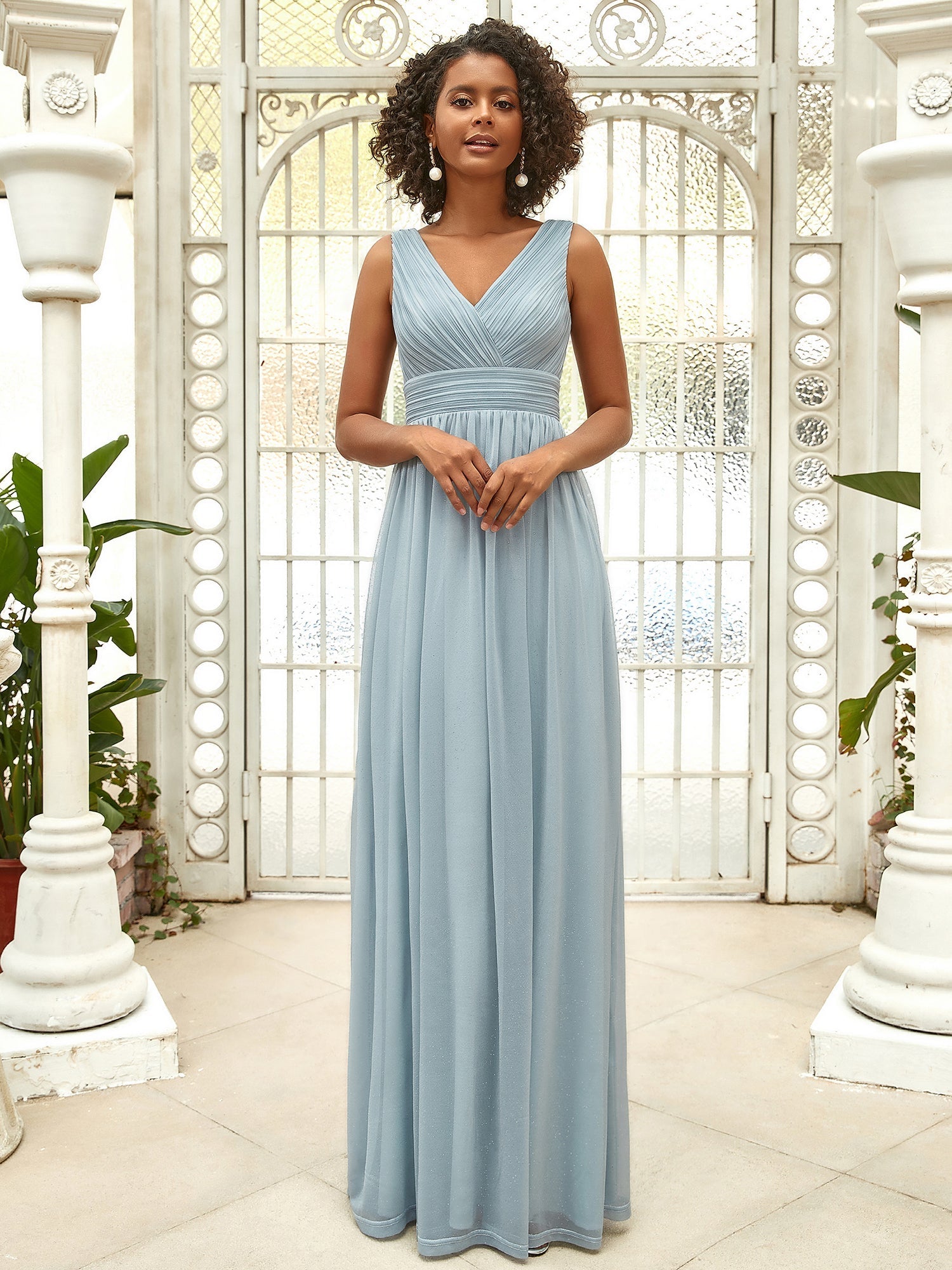 Double V Neck Floor Length Sparkly Evening Dresses for Party - Dull Sky