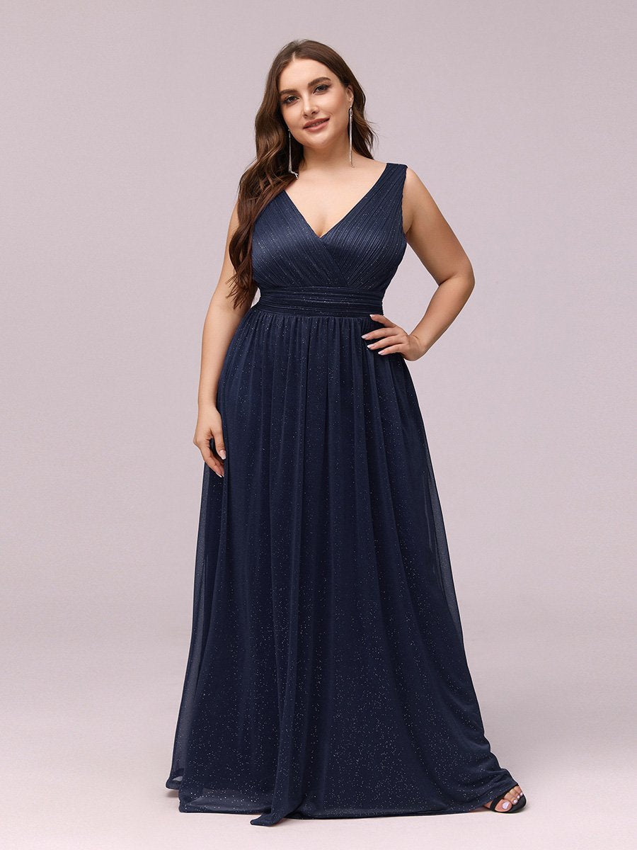 Double V Neck Floor Length Sparkly Evening Dresses for Party - Night Blue