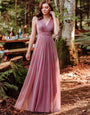 Double V Neck Floor Length Sparkly Evening Dresses for Party - Barbie Pink