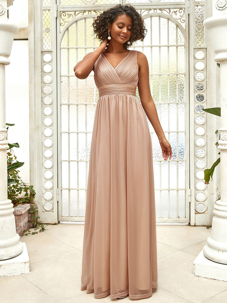 Double V Neck Floor Length Sparkly Evening Dresses for Party - Melon Ochre