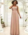 Double V Neck Floor Length Sparkly Evening Dresses for Party - Melon Ochre