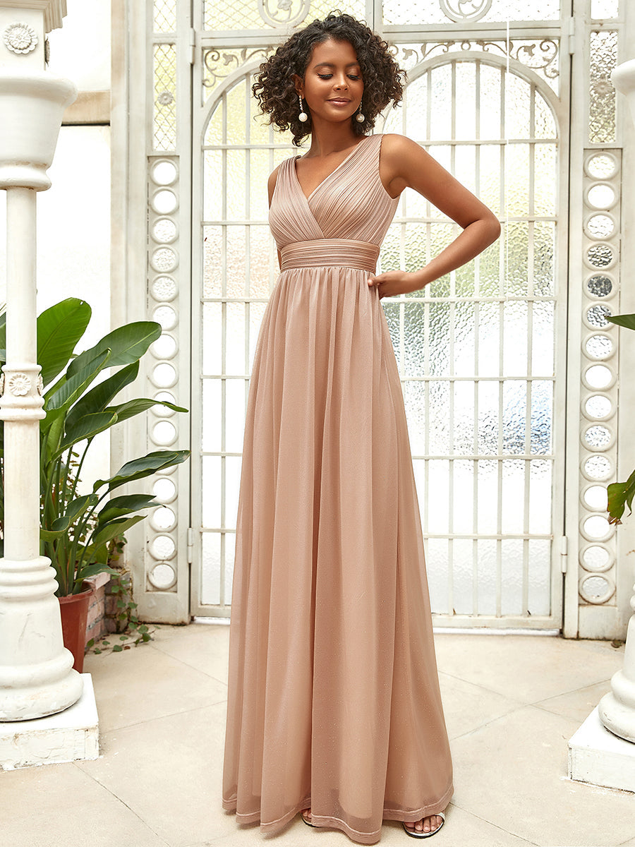 Double V Neck Floor Length Sparkly Evening Dresses for Party - Melon Ochre