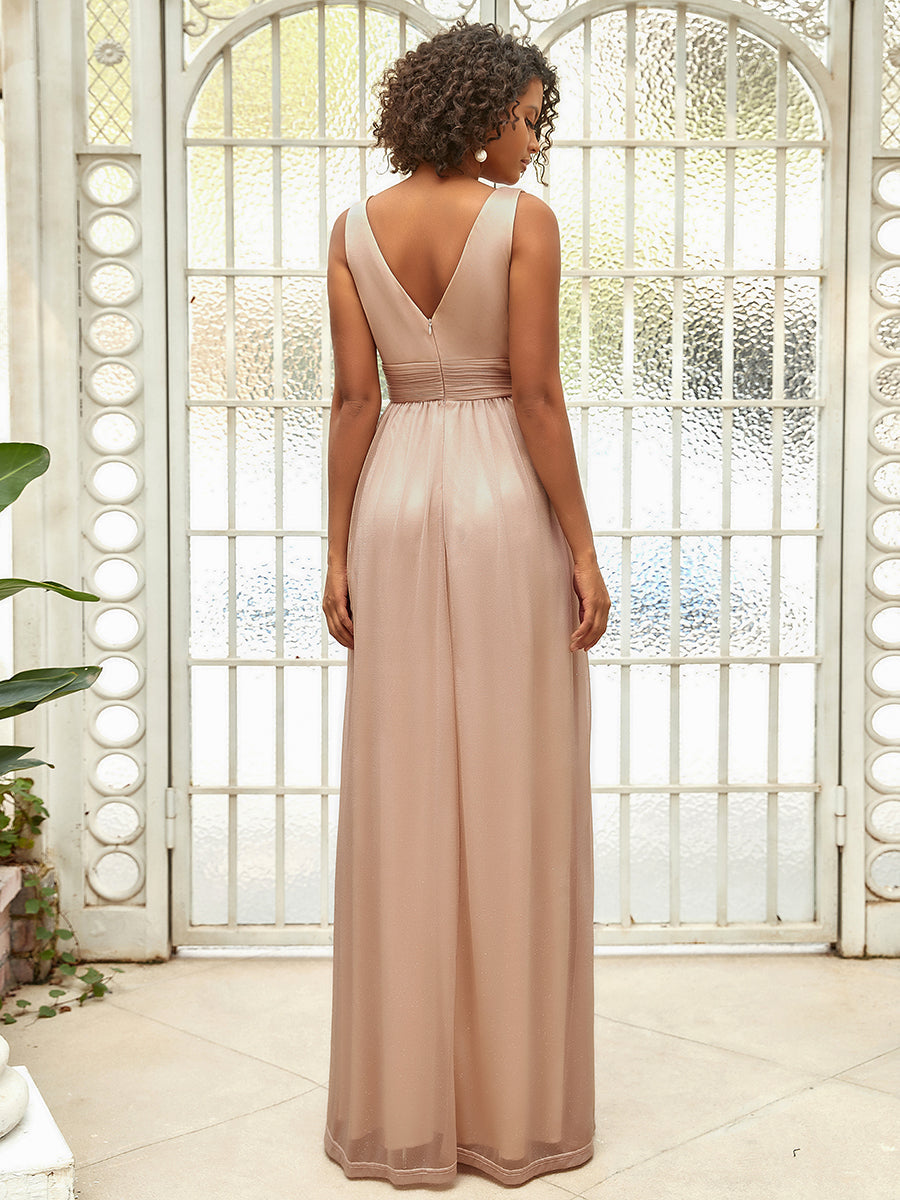 Double V Neck Floor Length Sparkly Evening Dresses for Party - Melon Ochre