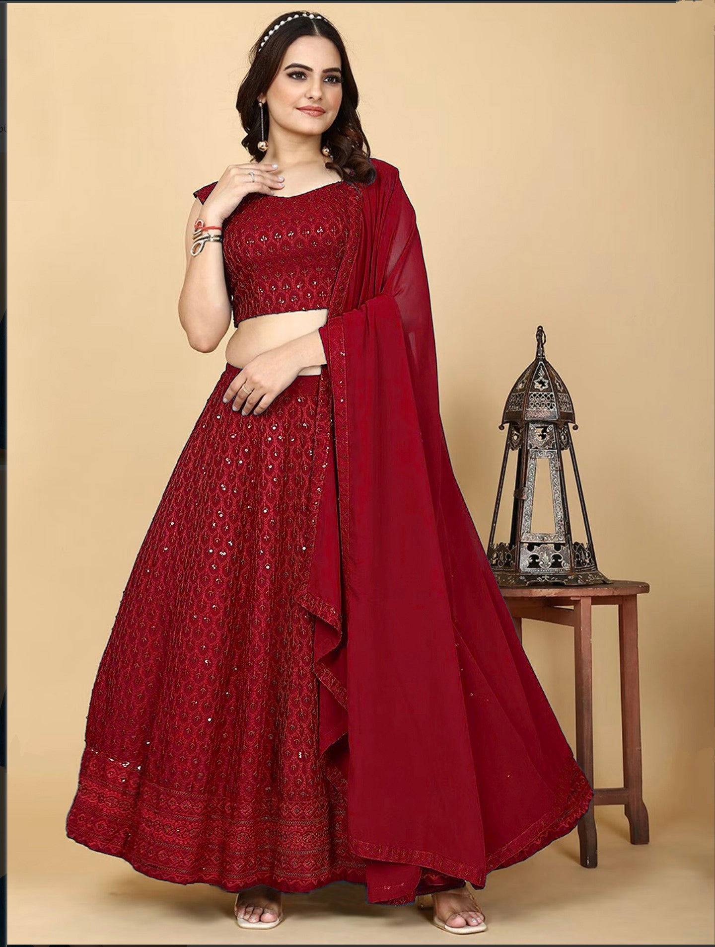 MAROON CHIKANKARI WEDDING LEHENGA SET