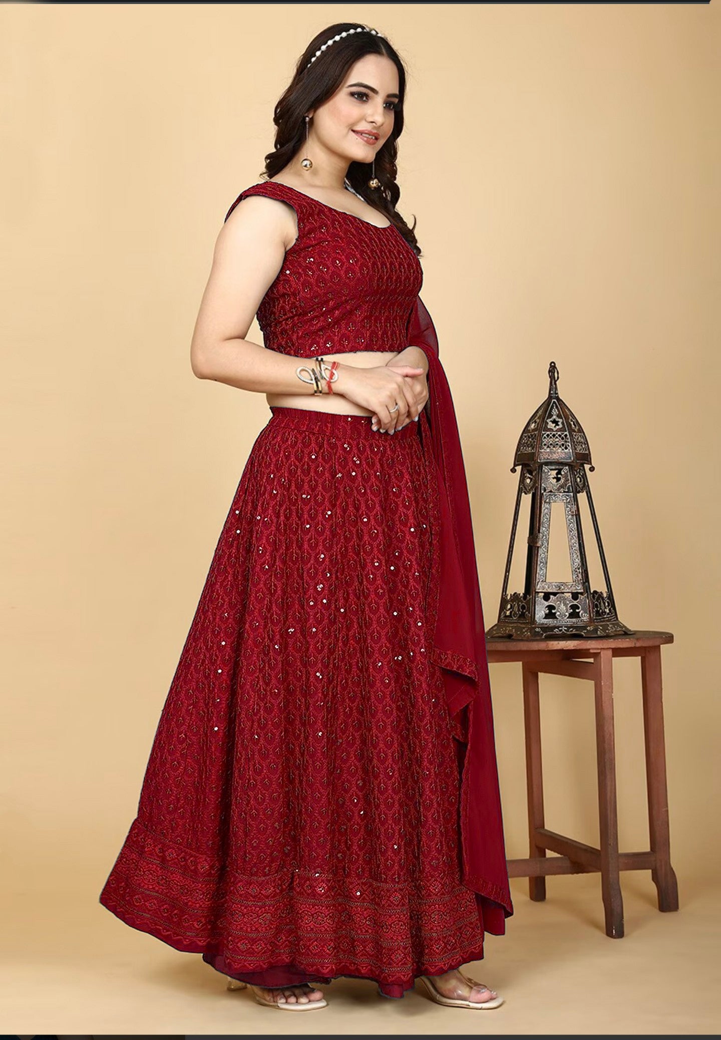 MAROON CHIKANKARI WEDDING LEHENGA SET