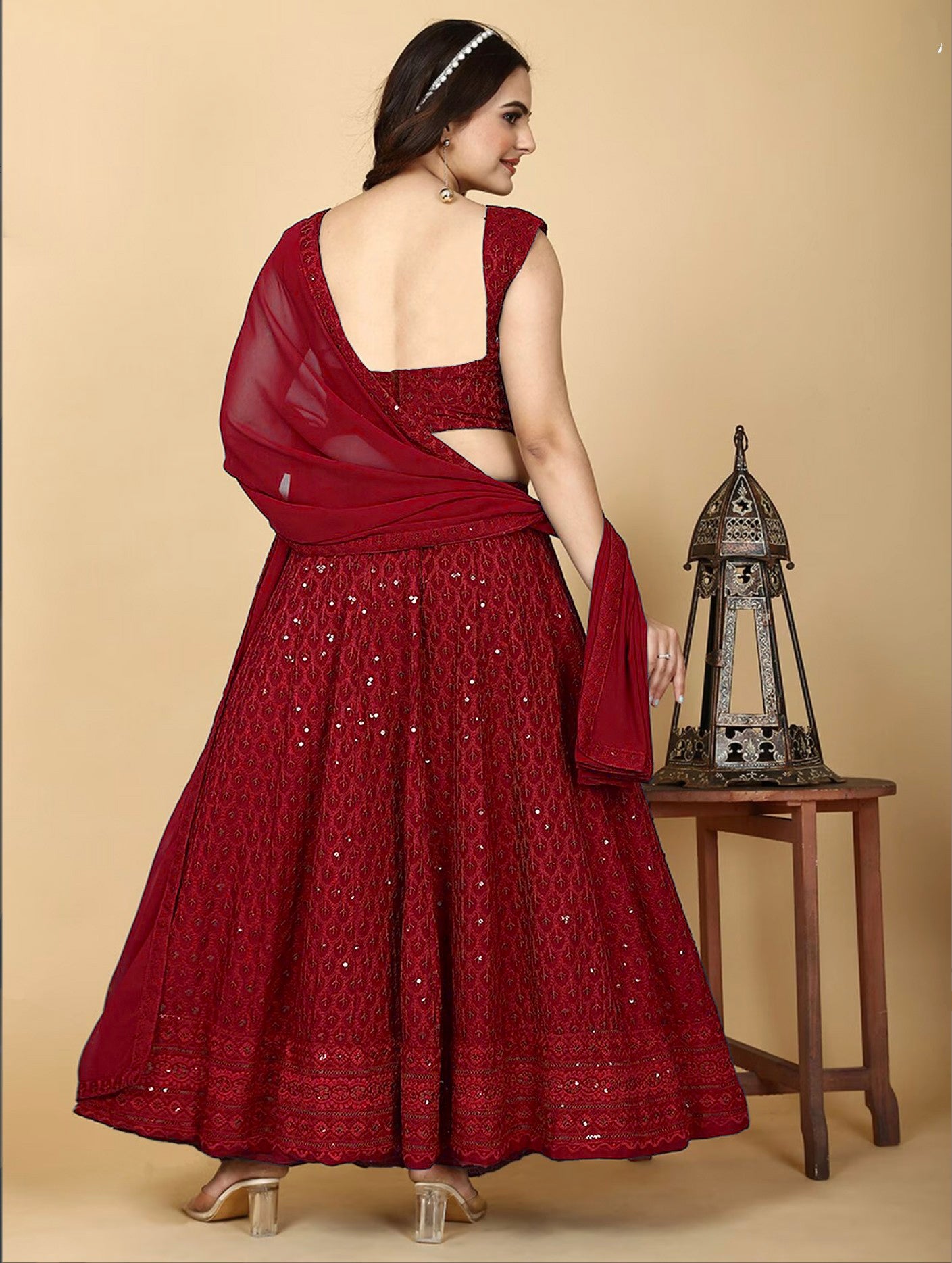 MAROON CHIKANKARI WEDDING LEHENGA SET