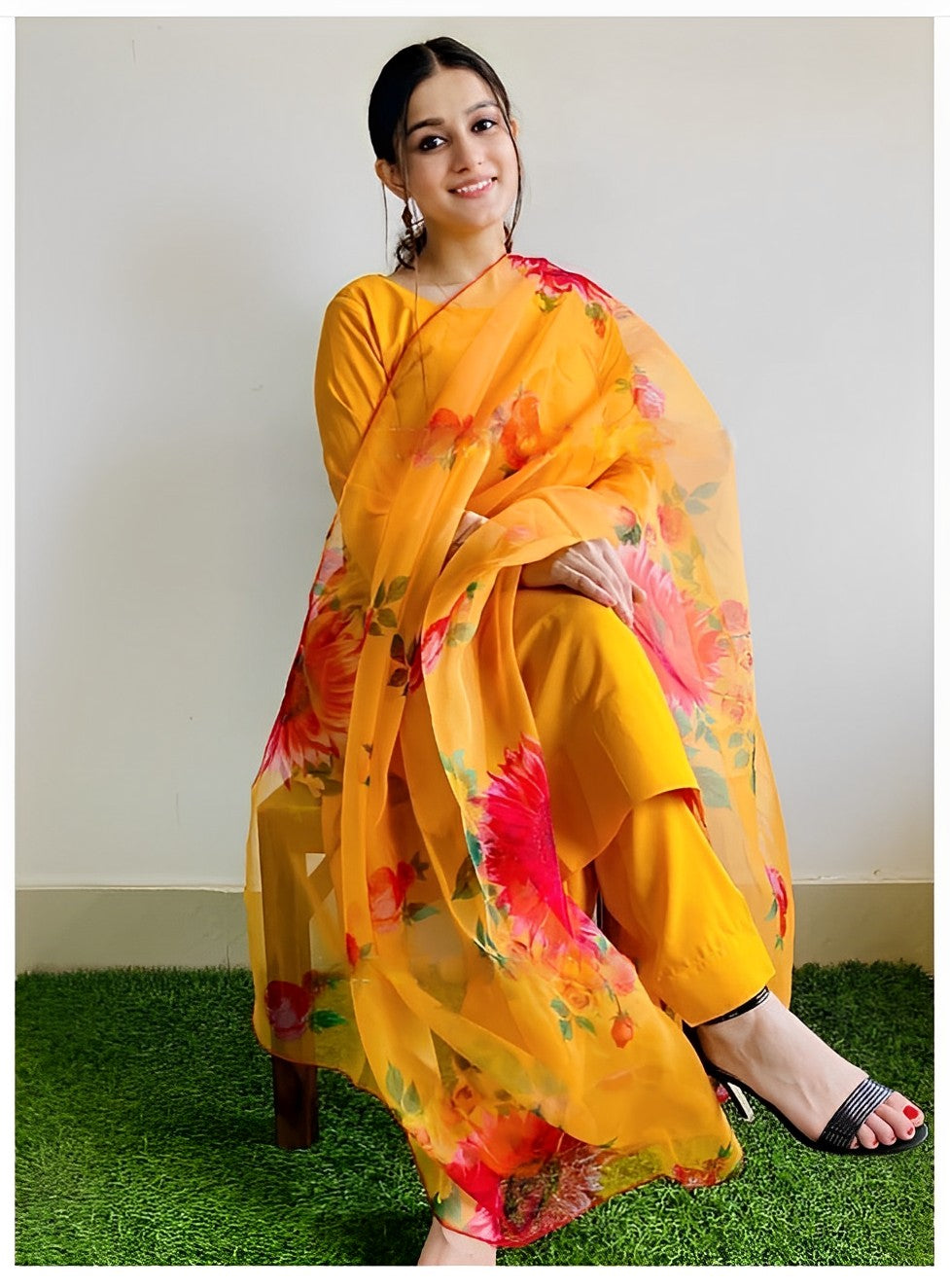 YELLOW SOLID COTTON SILK KURTA SET WITH PRINTED FLORAL DUPPTA