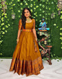 ETHNIC OPULENCE: FLOOR-LENGTH GOLDEN JACQUARD-COTTON GOWN FOR WEDDINGS & FESTIVALS