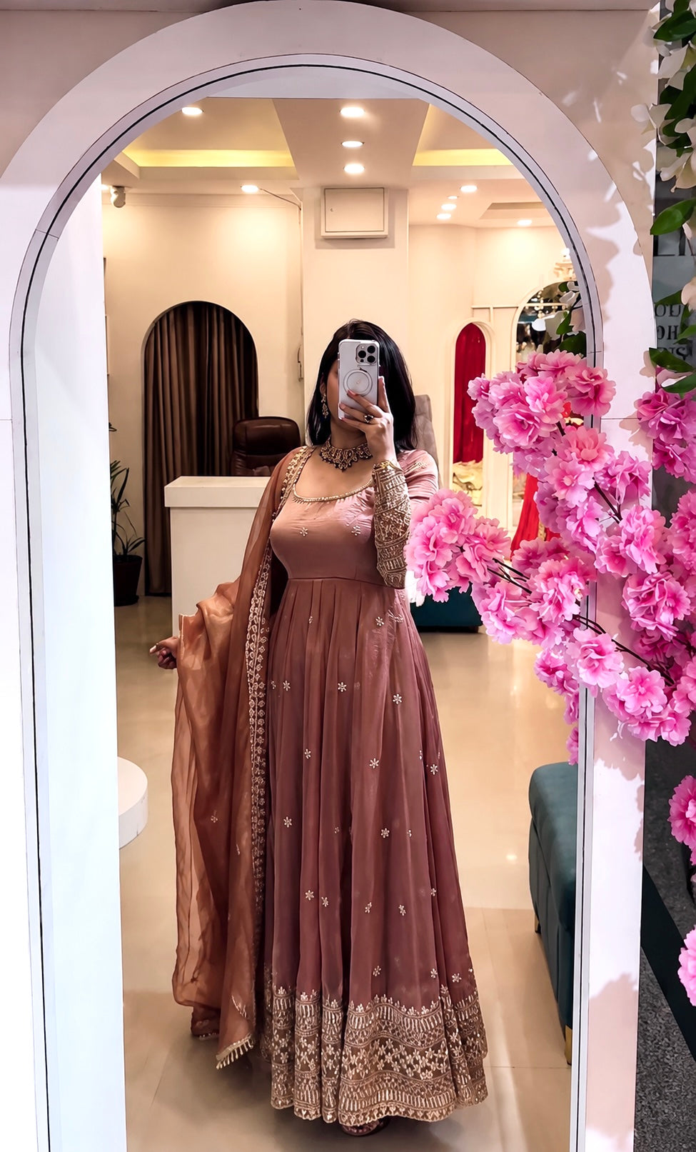 Dusty rose embroidered festive gown set for women for Raksha Bandhan celebration from Aahiya
