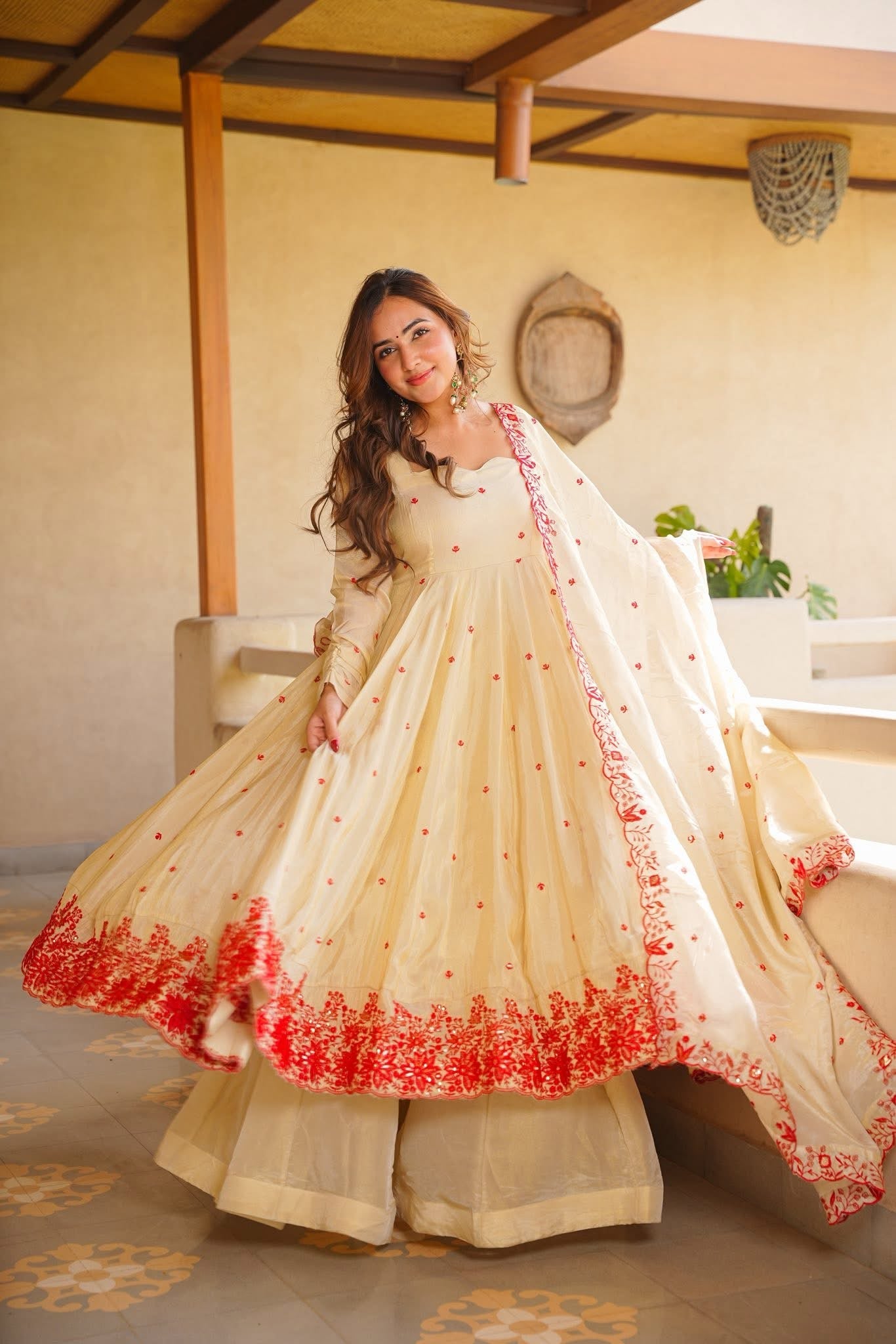 Cream Heavy Silk embroidered festive outfit for Ganesh Chaturthi 2026 from Aahiya