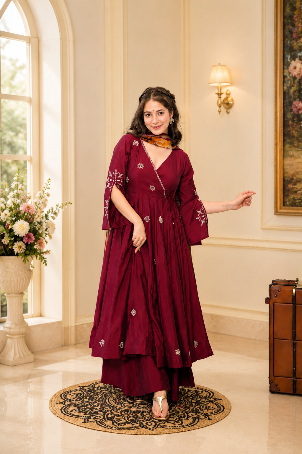 Maroon Rayon Cotton Kali Cut Kurta with Palazzo and Printed Organza Dupatta Set from Aahiya