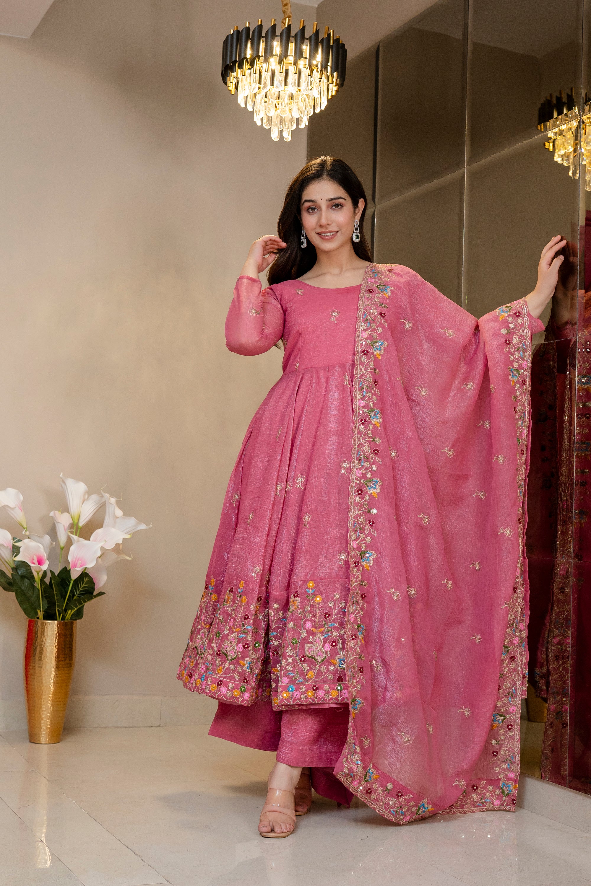 Pink embroidered festive Anarkali outfit for women by Aahiya for Raksha Bandhan 2026