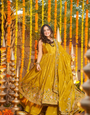 Elegant Heavy Silk Embroidered Gown Set with Palazzo & Dupatta – Festive & Wedding Wear Yellow