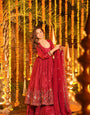 Elegant Heavy Silk Embroidered Gown Set with Palazzo & Dupatta – Festive & Wedding Wear  Red