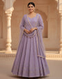 Lavender & Off White Georgette Anarkali Suit Set with Dupatta | Heavy Sequins & Zari Embroidery | Fully Stitched Party Wear Gown Set for Women Lavendar