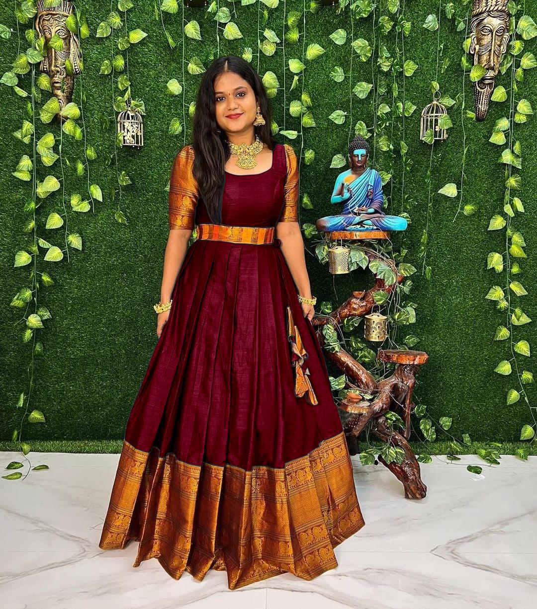 ETHNIC OPULENCE: FLOOR-LENGTH MAROON JACQUARD-COTTON GOWN FOR WEDDINGS & FESTIVALS