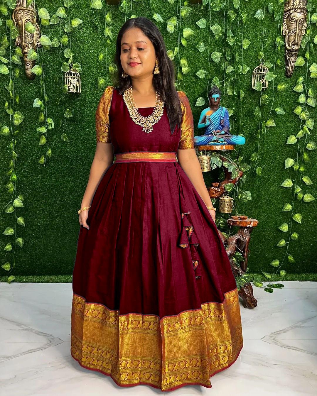 ETHNIC OPULENCE: FLOOR-LENGTH MAROON JACQUARD-COTTON GOWN FOR WEDDINGS & FESTIVALS