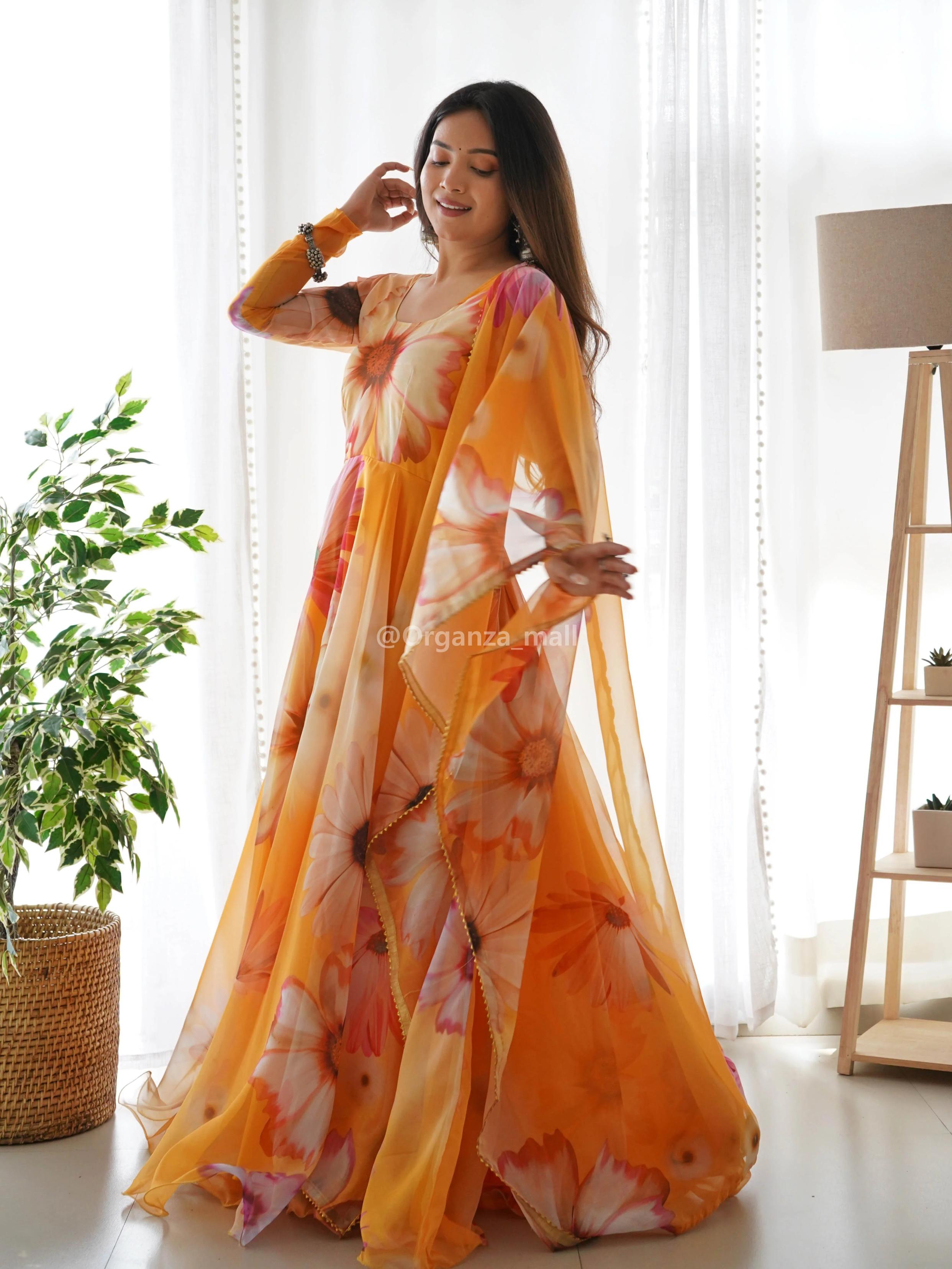 FLORAL FAUX GEORGETTE GOWN : ORANGE