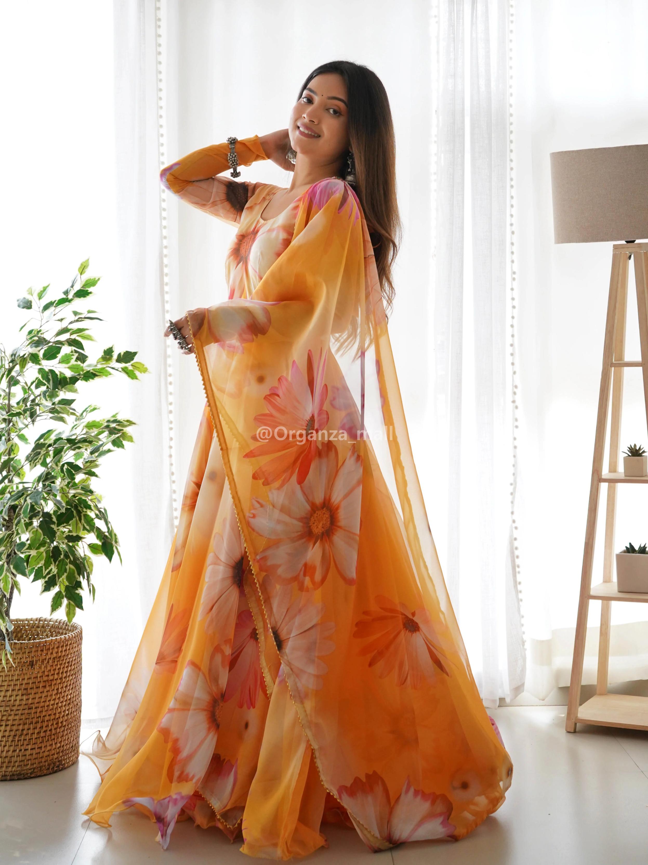 FLORAL FAUX GEORGETTE GOWN : ORANGE