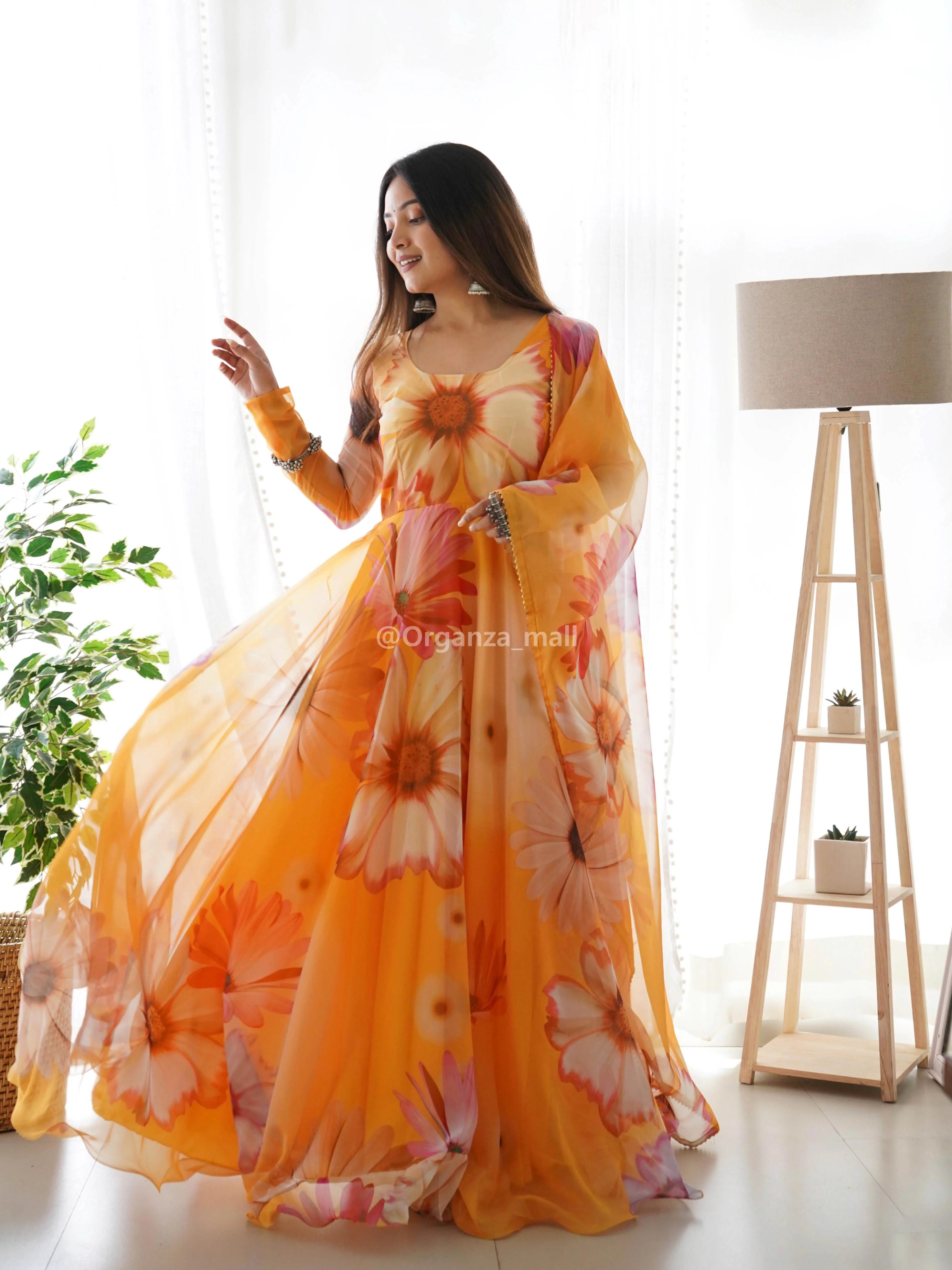 FLORAL FAUX GEORGETTE GOWN : ORANGE