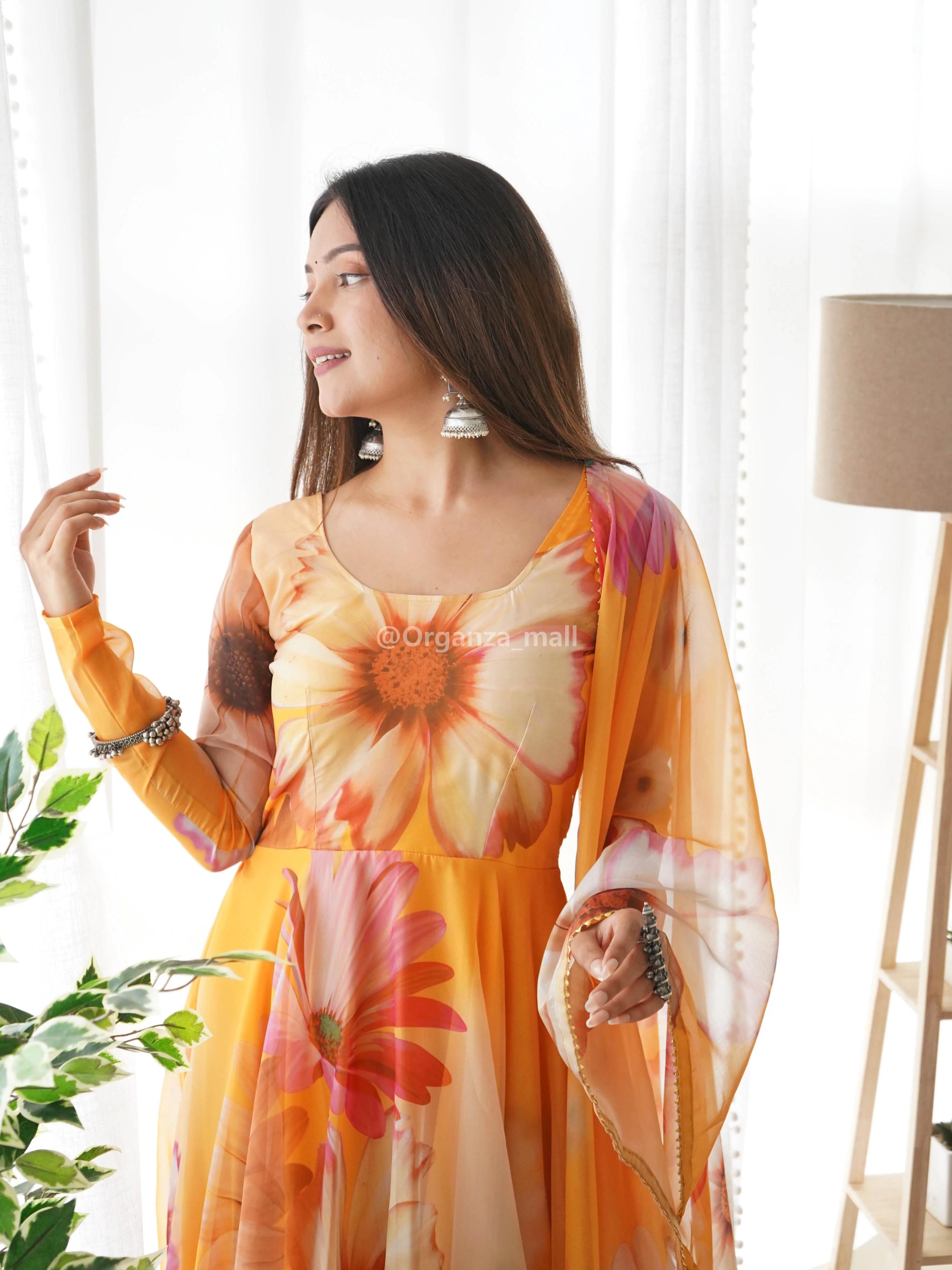 FLORAL FAUX GEORGETTE GOWN : ORANGE