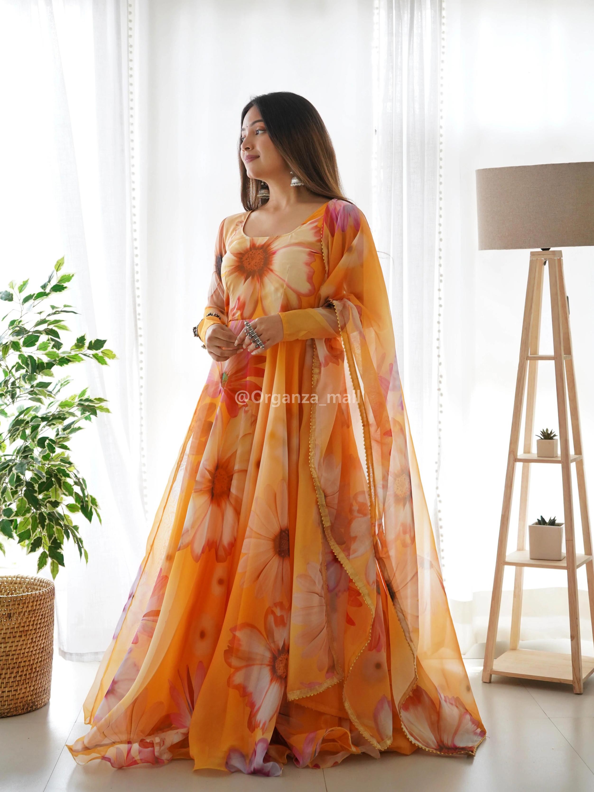 FLORAL FAUX GEORGETTE GOWN : ORANGE