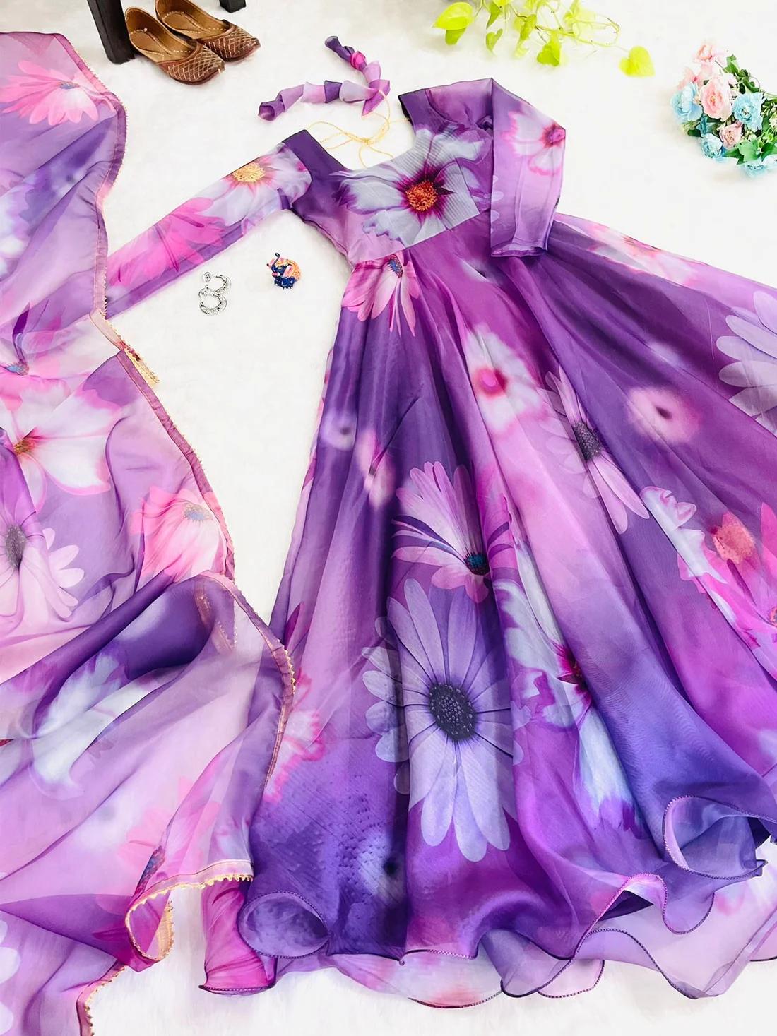 FLORAL FAUX GEORGETTE GOWN : PURPLE