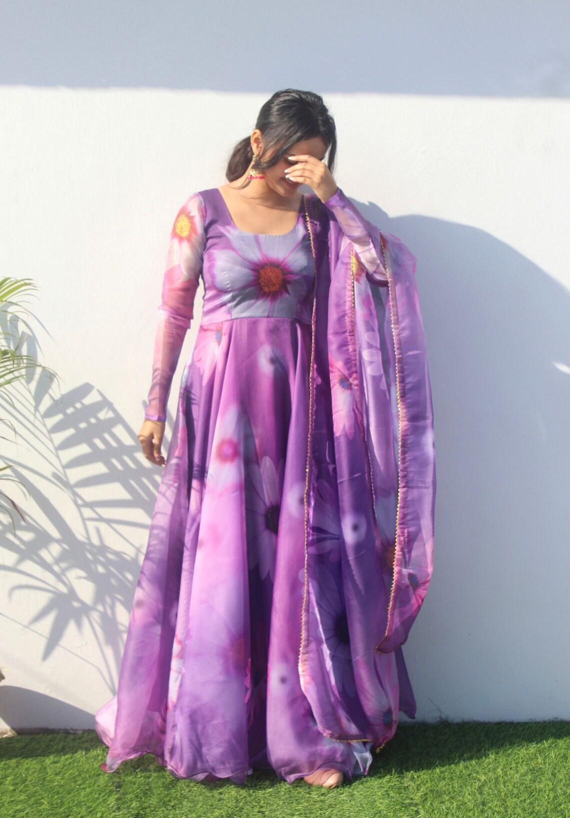 FLORAL FAUX GEORGETTE GOWN : PURPLE