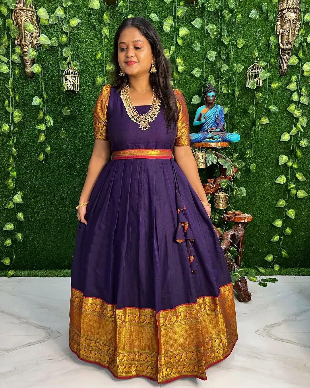 ETHNIC OPULENCE: FLOOR-LENGTH VIOLET JACQUARD-COTTON GOWN FOR WEDDINGS & FESTIVALS