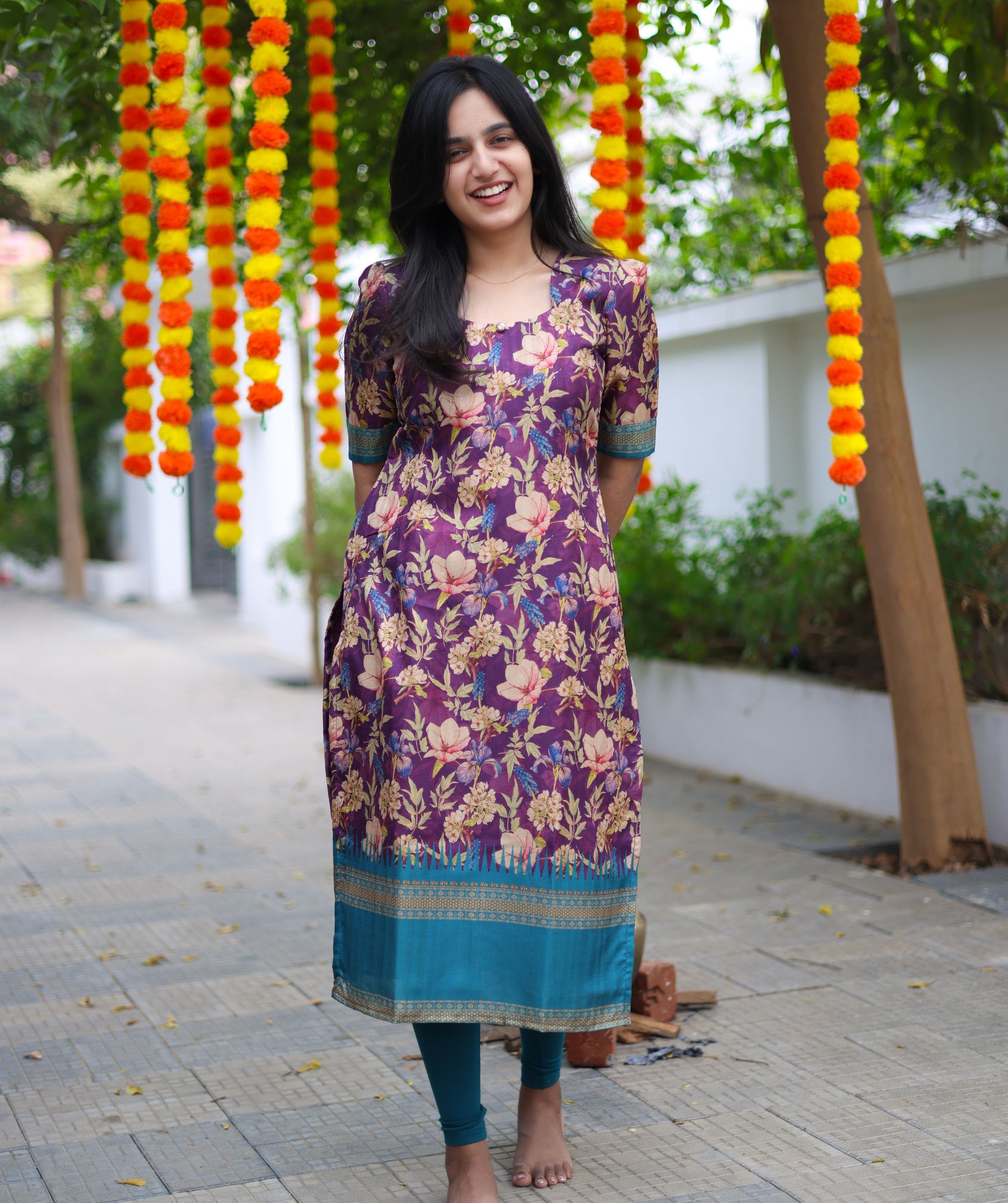 Festive Floral Cotton Kurta Set made of Golden Print - Violet twilight