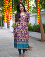 Festive Floral Cotton Kurta Set made of Golden Print - Violet twilight