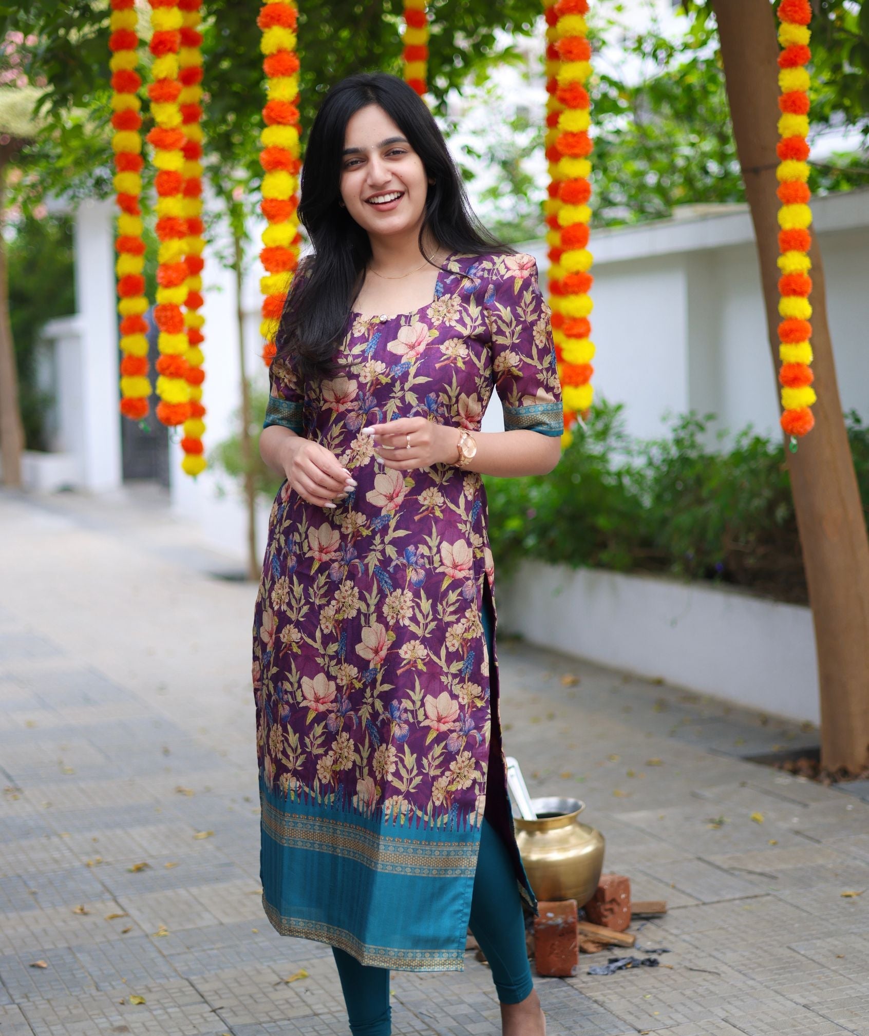 Festive Floral Cotton Kurta Set made of Golden Print - Violet twilight