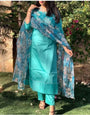 TEAL SOLID COTTON SILK KURTA SET WITH PRINTED FLORAL DUPPTA