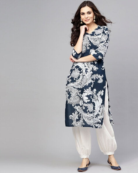 Blue Cotton Kurta Set with White Print & Harem Pants