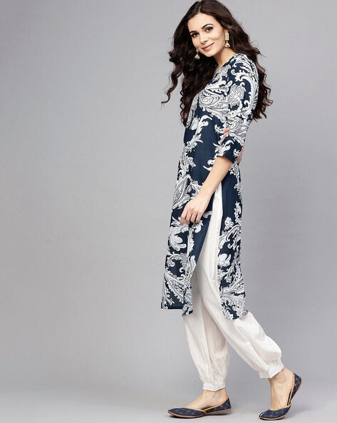 Blue Cotton Kurta Set with White Print & Harem Pants