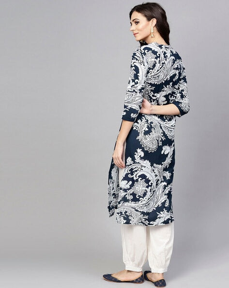 Blue Cotton Kurta Set with White Print & Harem Pants