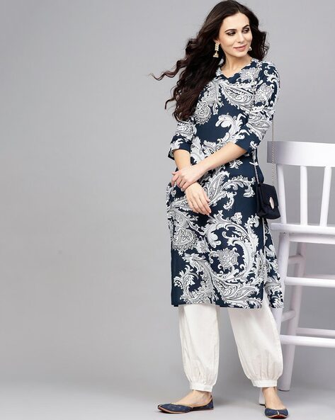 Blue Cotton Kurta Set with White Print & Harem Pants