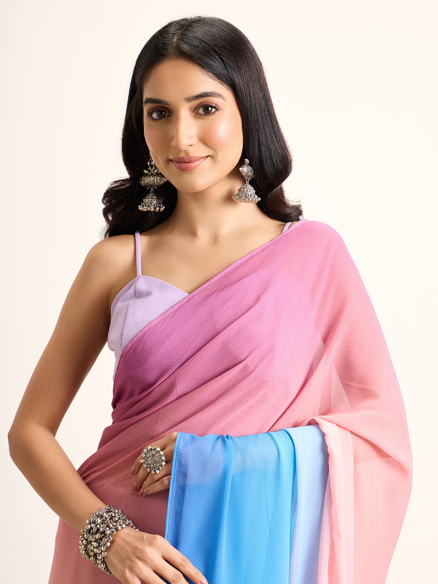 ALIA BHATT MULTI-SHADE CELEBRITY SAREE: LUXURIOUS FAUX GEORGETTE WITH LACE BORDER