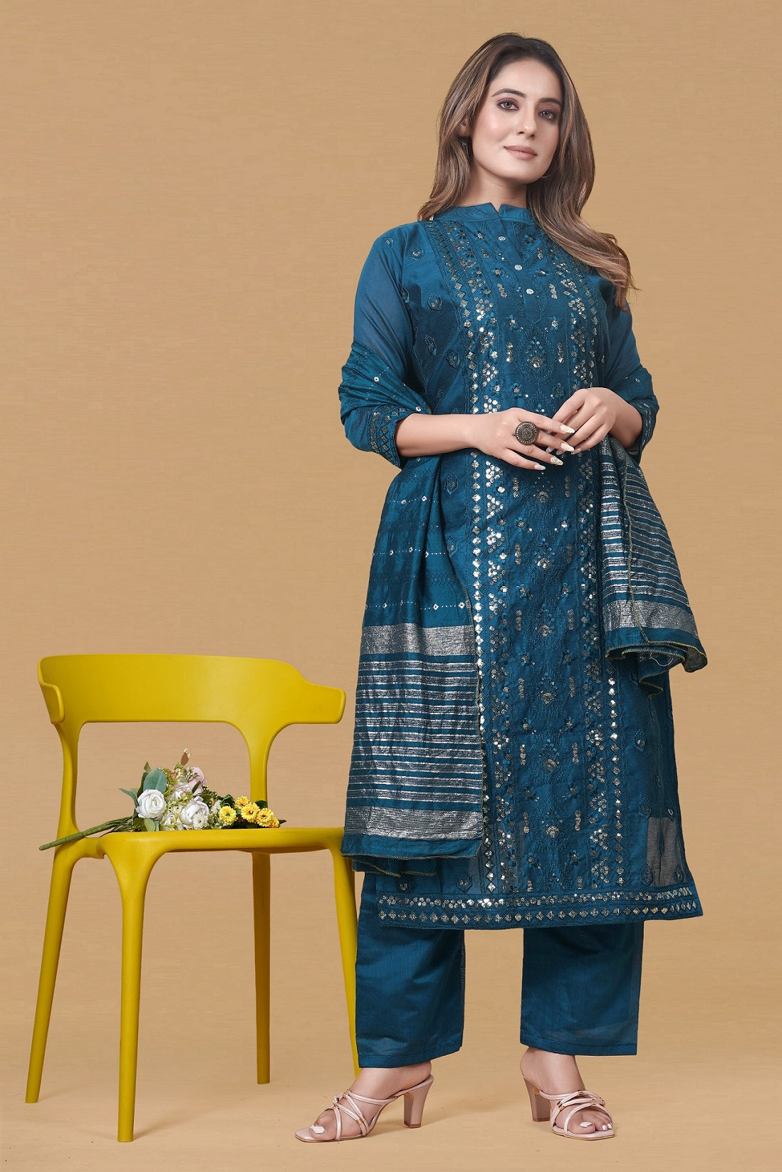 TEAL MUSLIN EMBROIDERED KURTA SET