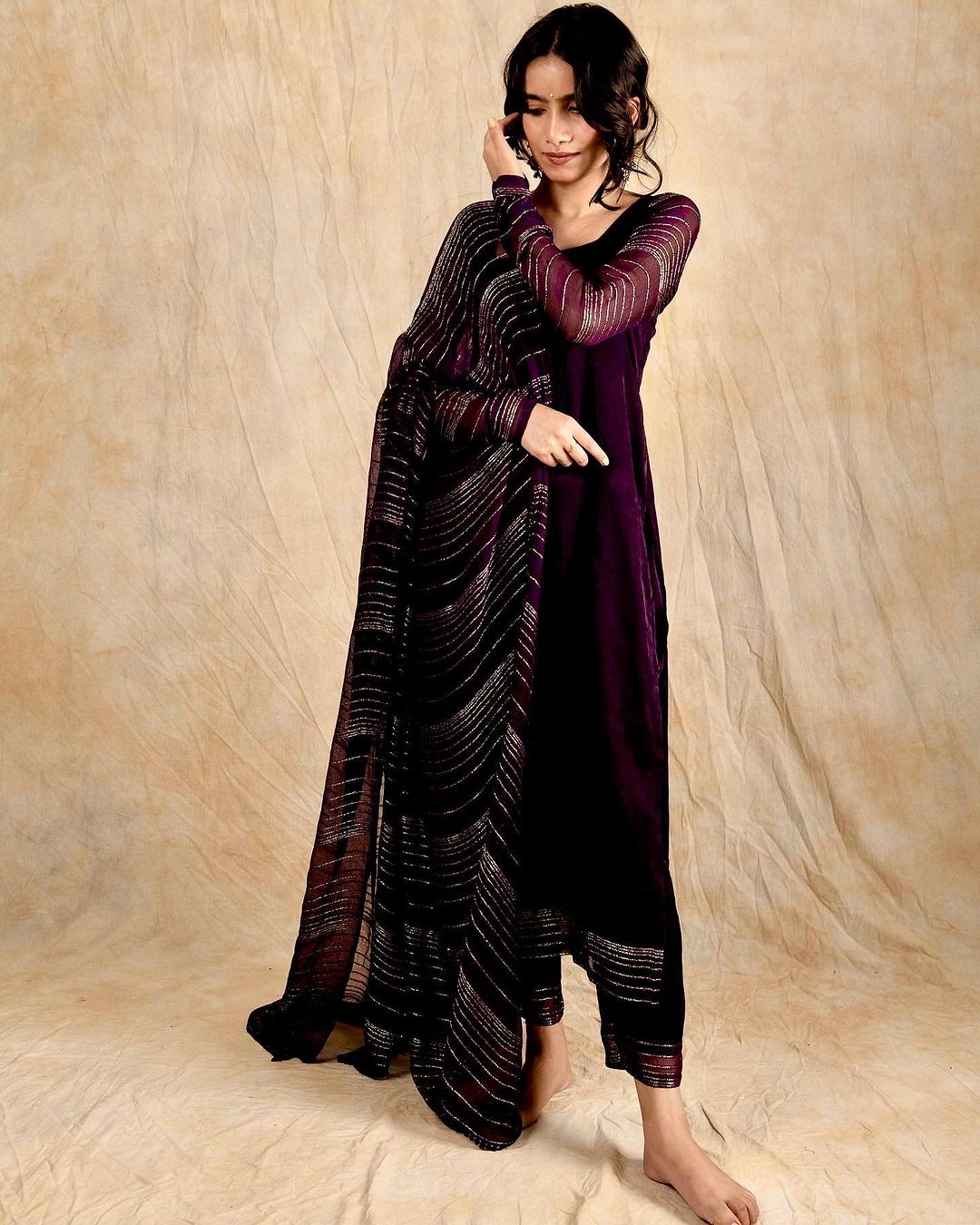 WINE RAYON ZARI ENSEMBLE: KURTA, PANT & DUPATTA SET