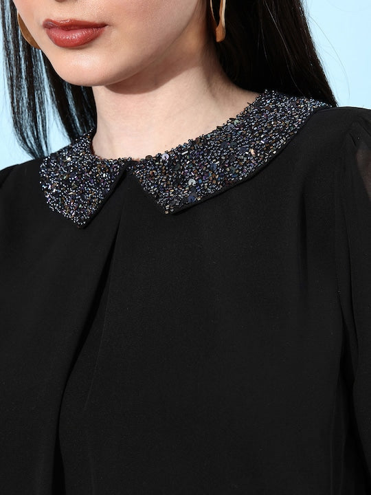 TIMELESS GLAMOUR-GEORGETTE WESTERN BLACK TOP WITH VELVET SEQUIN COLLAR