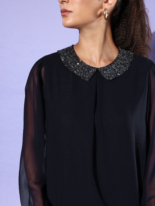 TIMELESS GLAMOUR-GEORGETTE WESTERN BLACK TOP WITH VELVET SEQUIN COLLAR