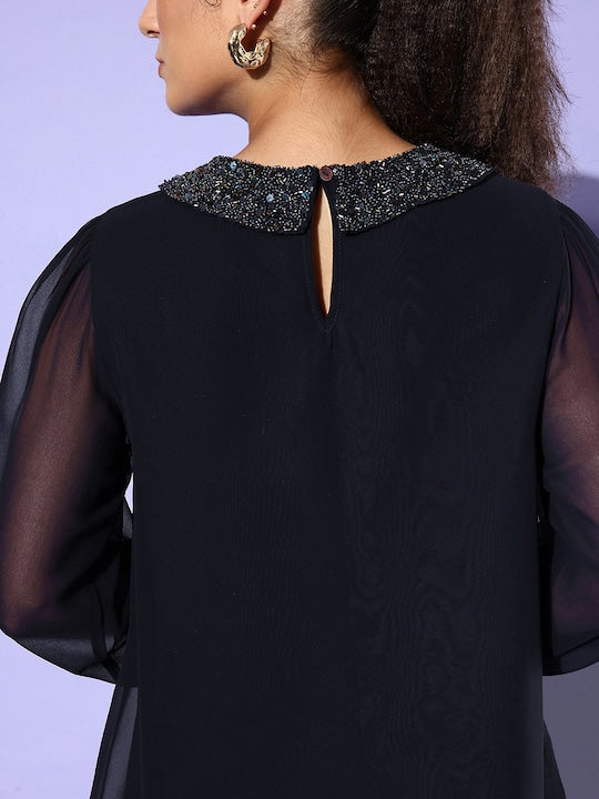 TIMELESS GLAMOUR-GEORGETTE WESTERN BLACK TOP WITH VELVET SEQUIN COLLAR