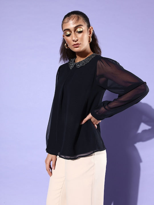 TIMELESS GLAMOUR-GEORGETTE WESTERN BLACK TOP WITH VELVET SEQUIN COLLAR