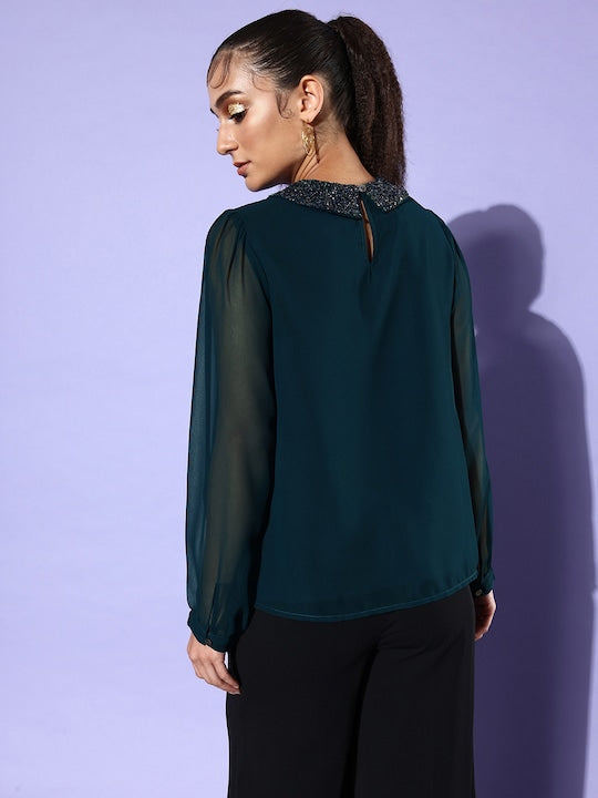 TIMELESS GLAMOUR-GEORGETTE WESTERN PEACOCK TOP WITH VELVET SEQUIN COLLAR